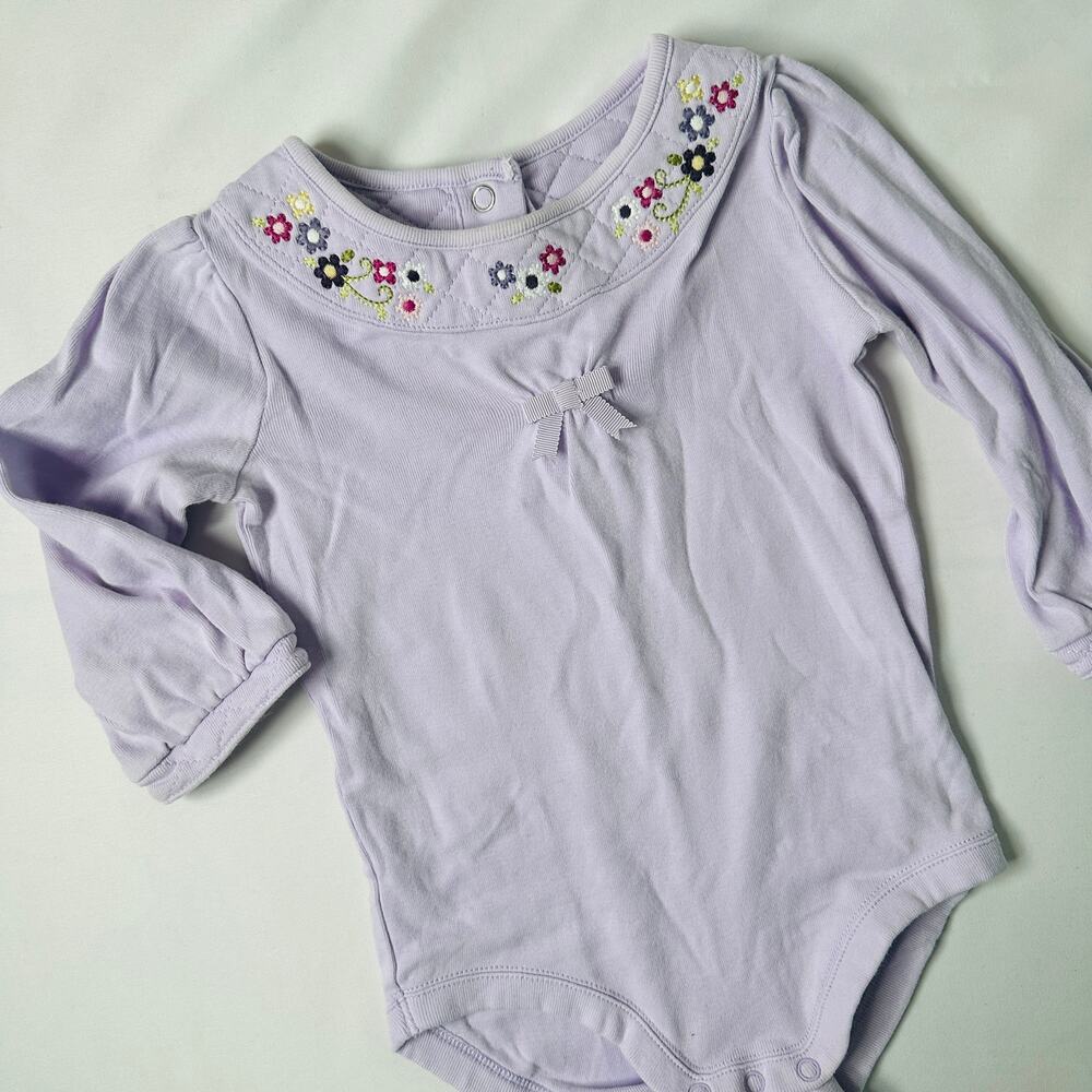 Y2K 2006 Gymboree Lilac Purple Long Sleeve Onesie w/ Floral Embroidered Collar